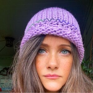 Beautiful knit beanies with crochet edges, color options, by Neenya’s Designs